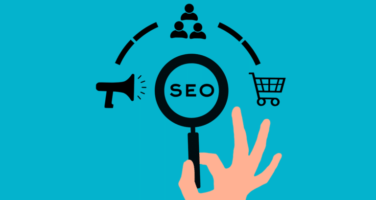 a hand and SEO letters and icons representing SEO Optimization