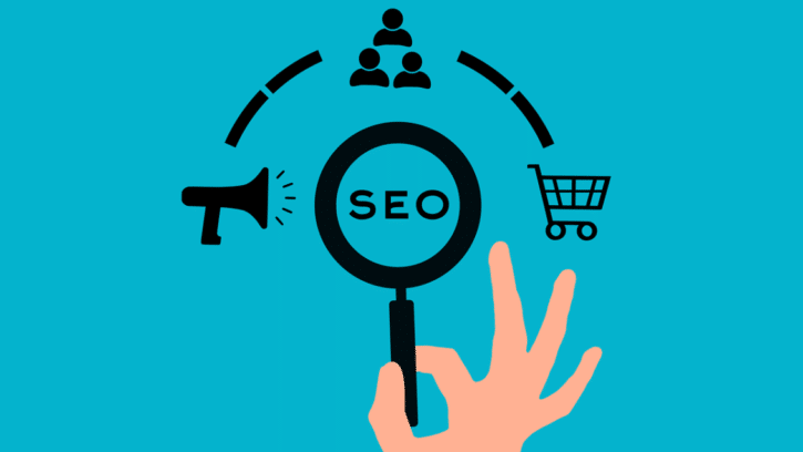 a hand and SEO letters and icons representing SEO Optimization